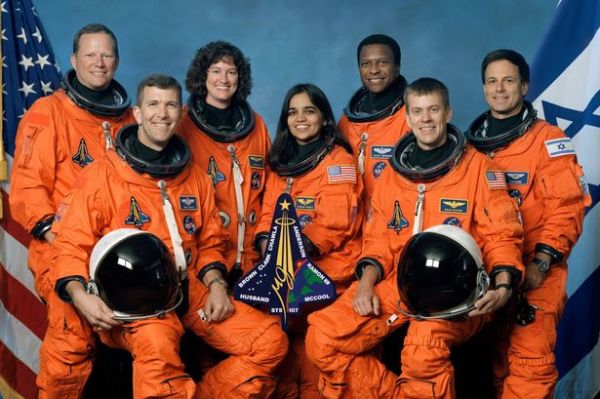 Columbia astronauts  Rick Husband, David Brown, Laurel Clark, Kalpana Chawla, Michael Anderson, William McCool, and Ilan Ramon. Photo courtesy of NASA.